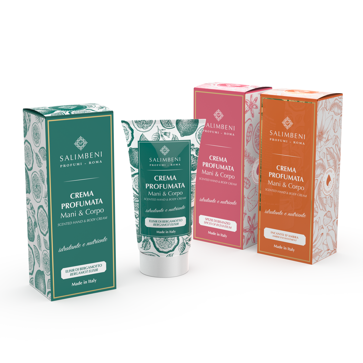 Set tre Creme Profumate per Mani e Corpo da 50ml (Elisir di Bergamotto + Incanto d'Ambra + Spezie di Bisanzio)