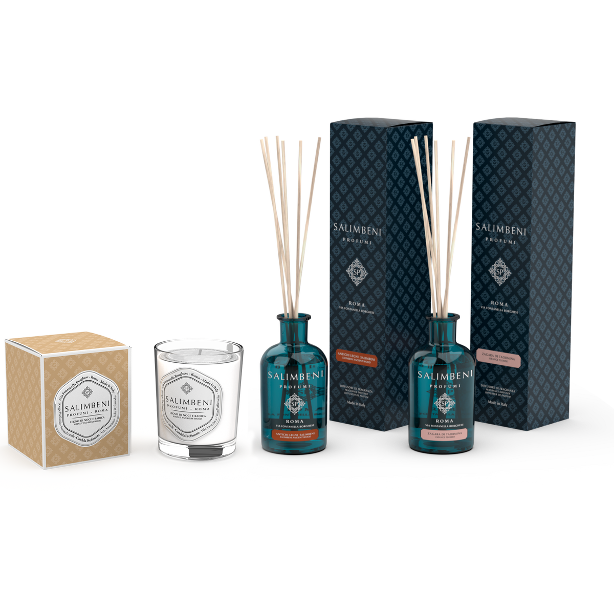 Candela Profumata 190gr Legno di Noce e Radica + Antichi Legni Salimbeni 100 ml + Zagara di Taormina 100ml