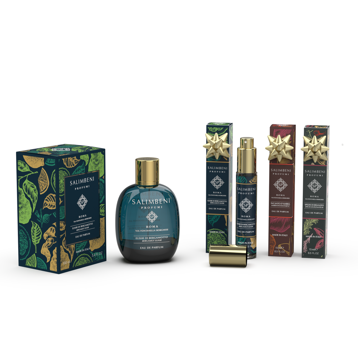 Eau de Parfum 100 ml Elisir di Bergamotto + Tre Eau de Parfum da Viaggio (Elisir di Bergamotto 15 ml + Incanto d'Ambra 15 ml + Spezie di Bisanzio 15 ml) in PROVA OMAGGIO