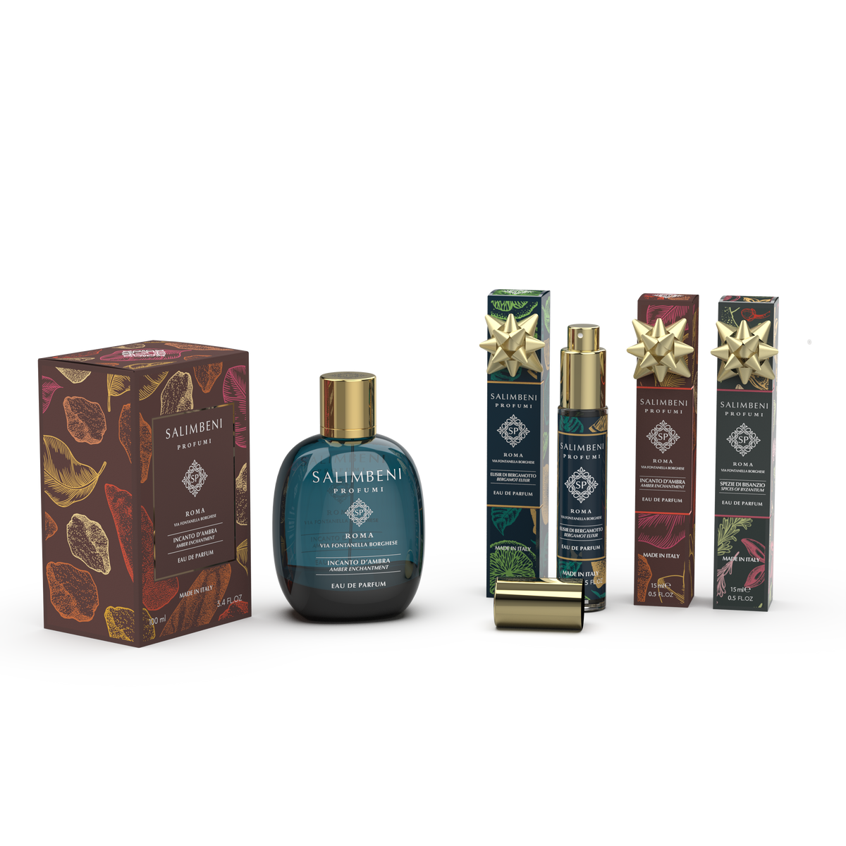 Eau de Parfum 100 ml A SCELTA + Tre Eau de Parfum da Viaggio (Elisir di Bergamotto 15 ml + Incanto d'Ambra 15 ml + Spezie di Bisanzio 15 ml) in PROVA OMAGGIO