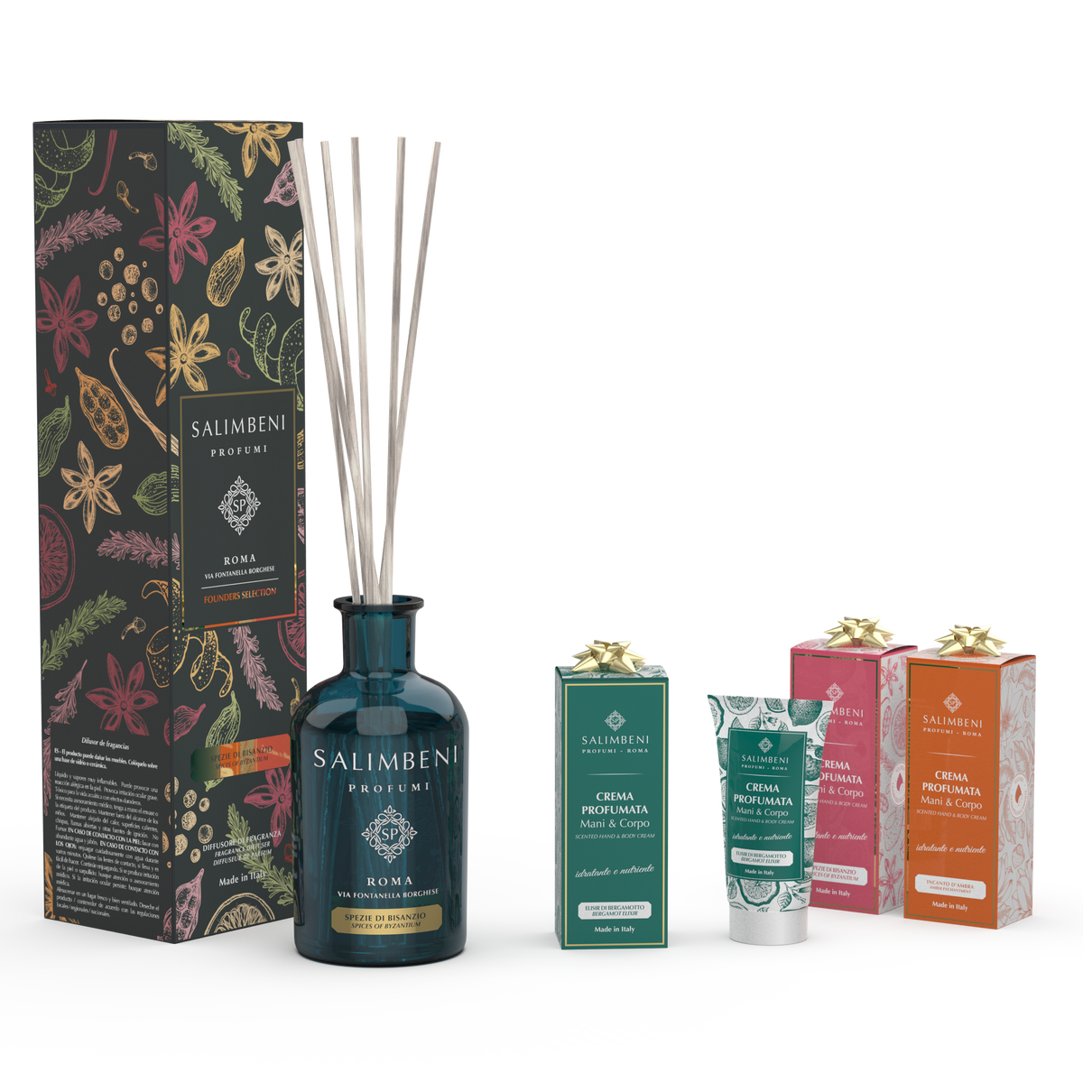 Spezie di Bisanzio Diffusore a Bastoncini 250 ml + 3 Creme Profumate 50ml in PROVA OMAGGIO (Elisir di Bergamotto 50ml + Incanto d'Ambra 50ml + Spezie di Bisanzio 50ml)
