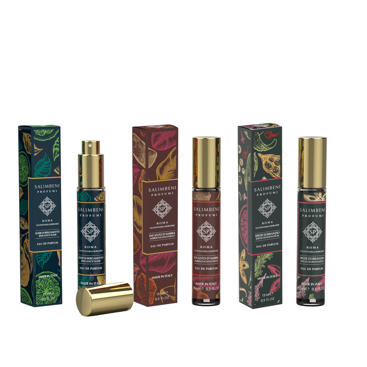Set da viaggio: Tre Eau de Parfum 15 ml  (Elisir di Bergamotto + Incanto d'Ambra in PROVA  + Spezie di Bisanzio in PROVA)