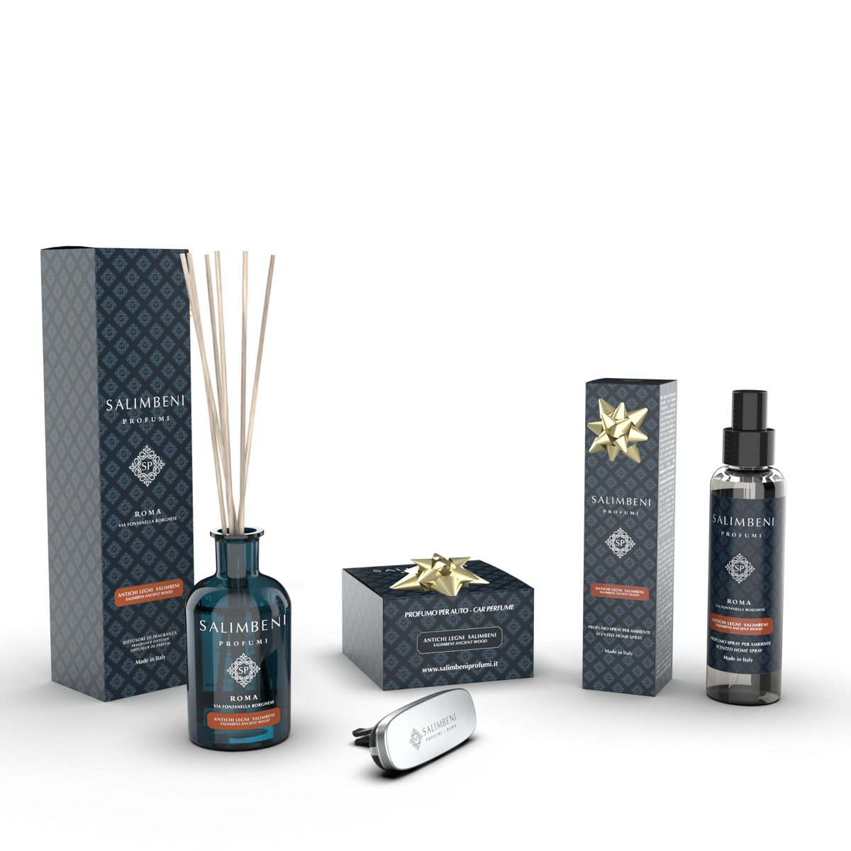 Antichi Legni Salimbeni 100ml + Profumatore auto bianco Antichi Legni Salimbeni + Spray per Ambienti 150ml Antichi Legni Salimbeni