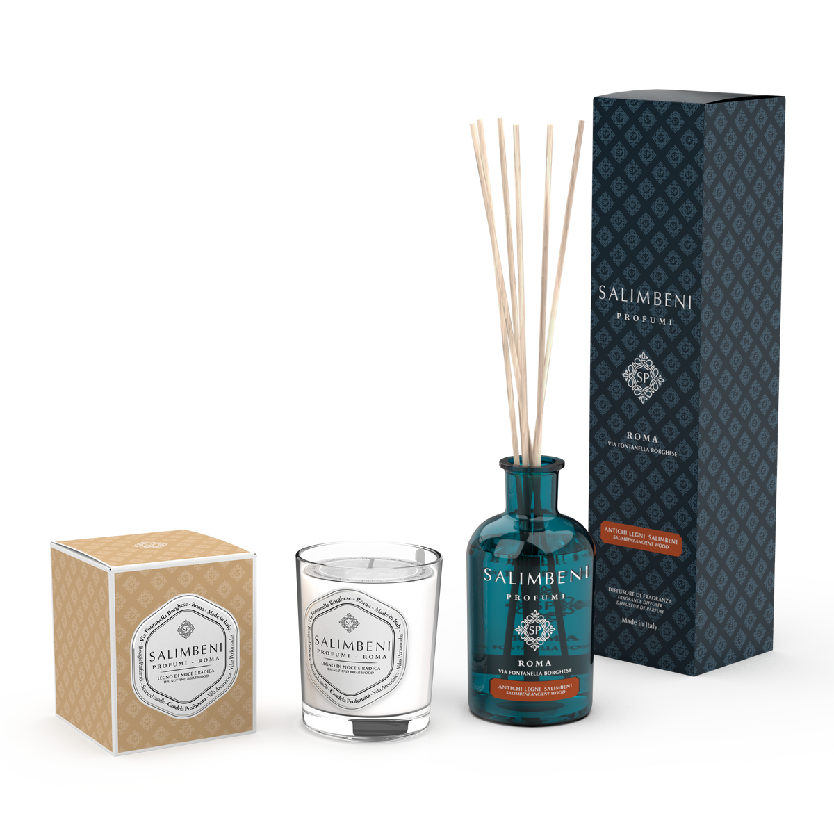 Candela Profumata 190gr Legno di Noce e Radica + Antichi Legni Salimbeni 100 ml