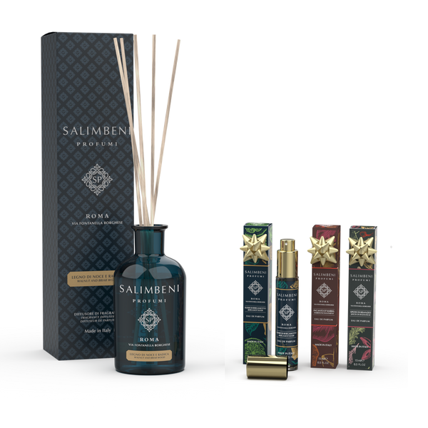 Legno di Noce e Radica 250 ml + 3 Eau de Parfum nel formato da viaggio da 15 ml in PROVA (Elisir di Bergamotto, Incanto d'Ambra, Spezie di Bisanzio)