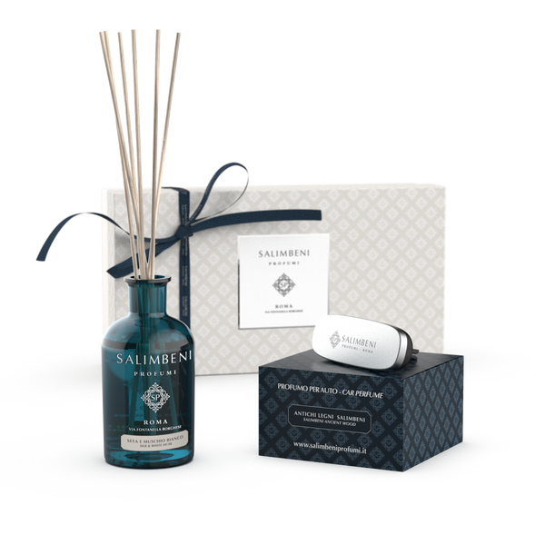Confezione Regalo: Seta e Muschio Bianco 250 ml + Profumatore auto bianco Seta e Muschio Bianco