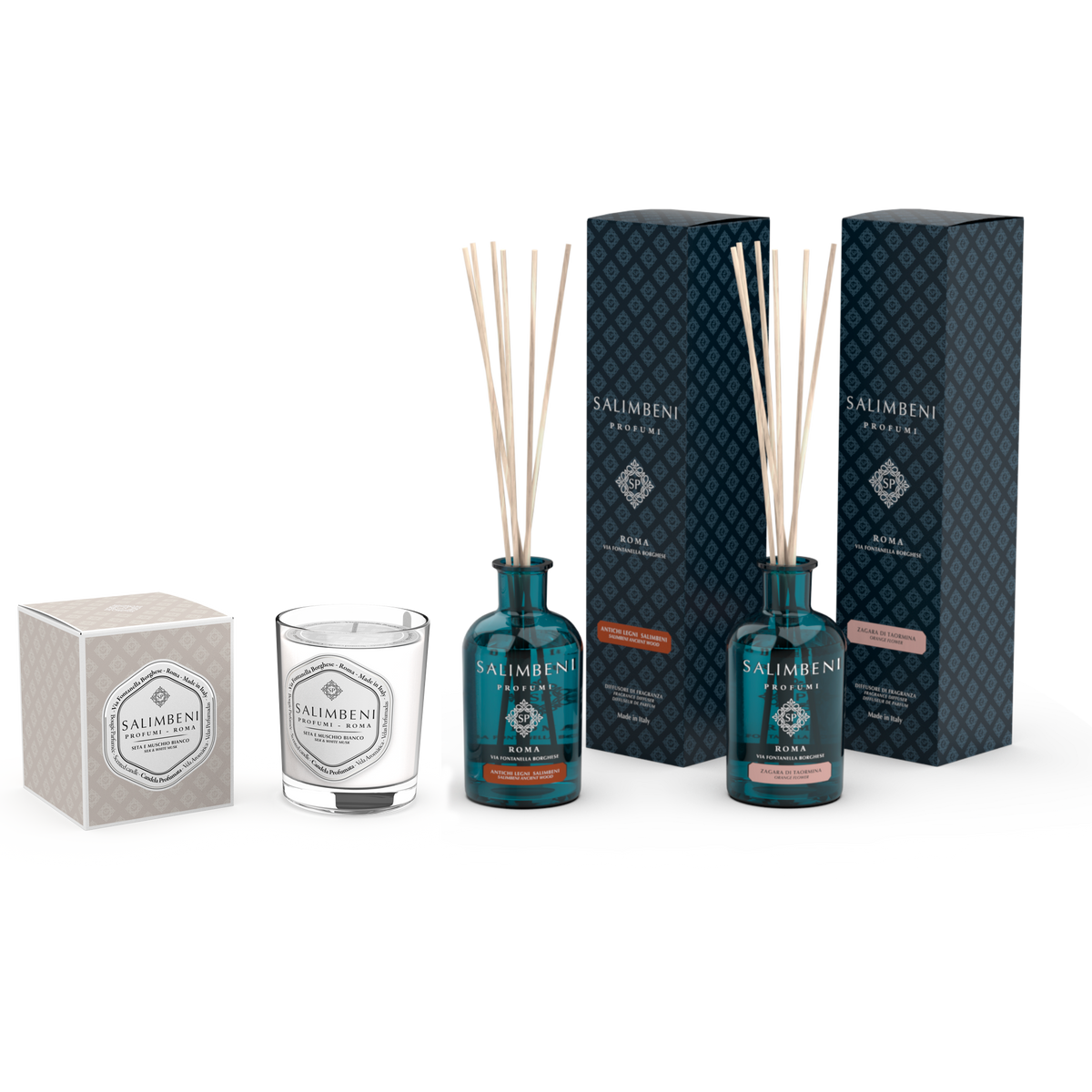 Candela Profumata 190gr Seta e Muschio Bianco + Antichi Legni Salimbeni 100 ml + Zagara di Taormina 100ml