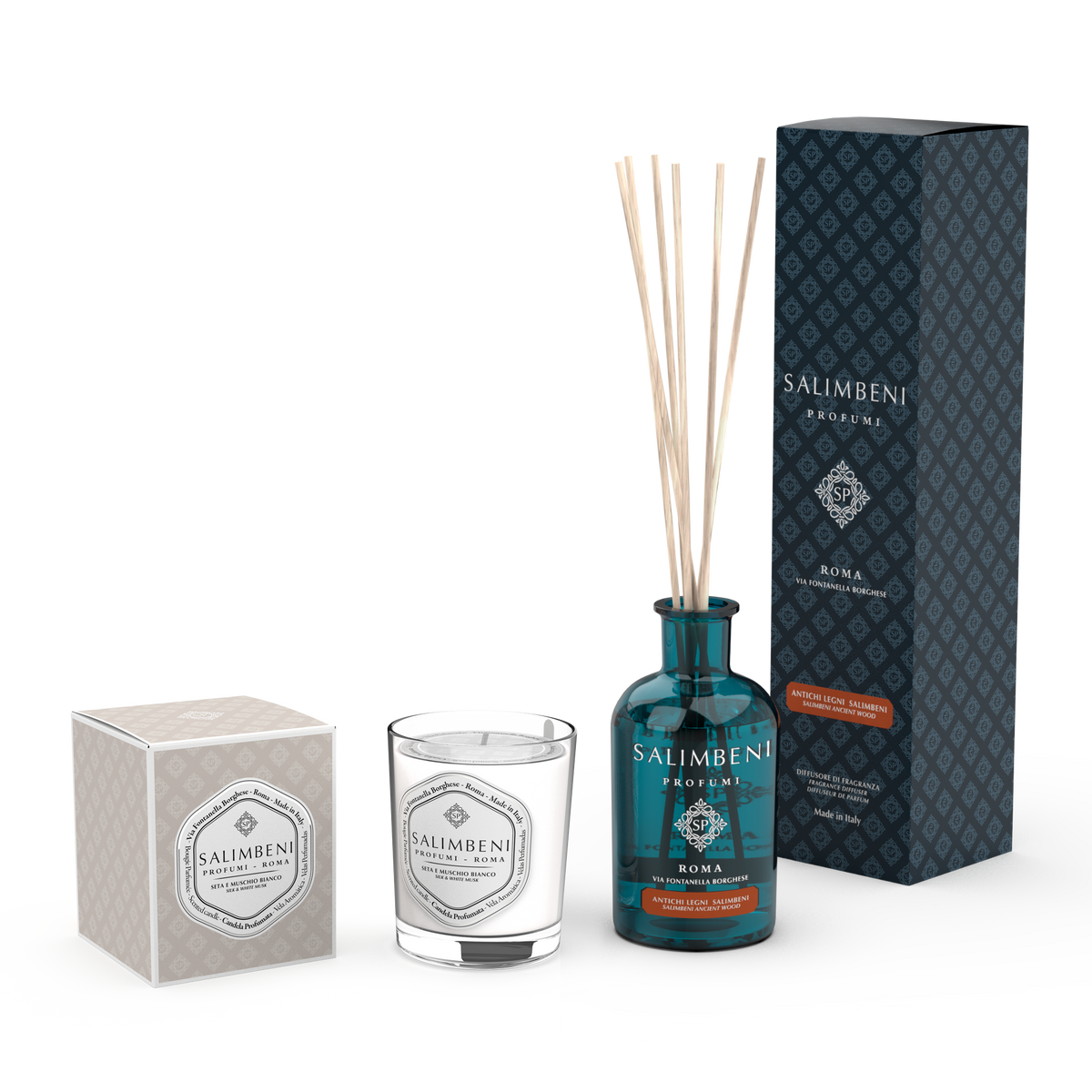 Candela Profumata 190gr Seta e Muschio Bianco + Antichi Legni Salimbeni 100 ml