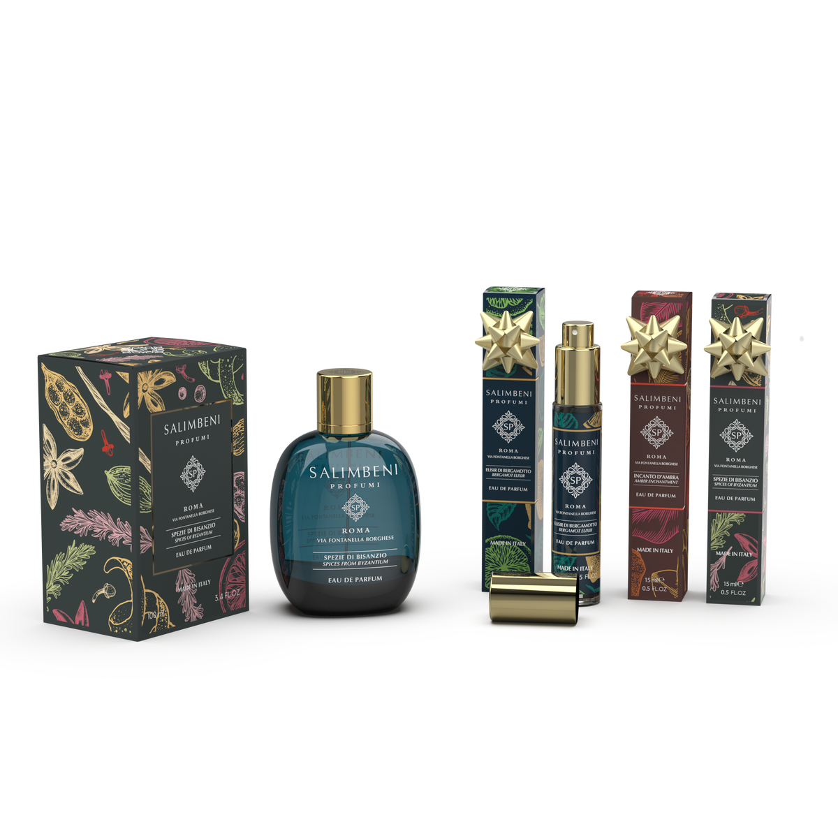 Eau de Parfum 100 ml A SCELTA + Tre Eau de Parfum da Viaggio (Elisir di Bergamotto 15 ml + Incanto d'Ambra 15 ml + Spezie di Bisanzio 15 ml) in PROVA OMAGGIO